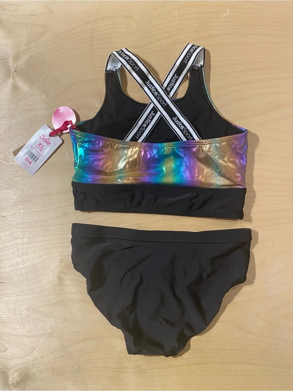 Justice Sport Girls' Holographic Gold Rainbow Sports Bra & Bikini Set XL (RF)
